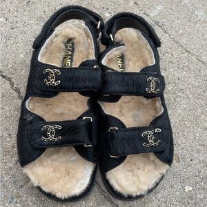 Chanel calfskin dad shearling sandals